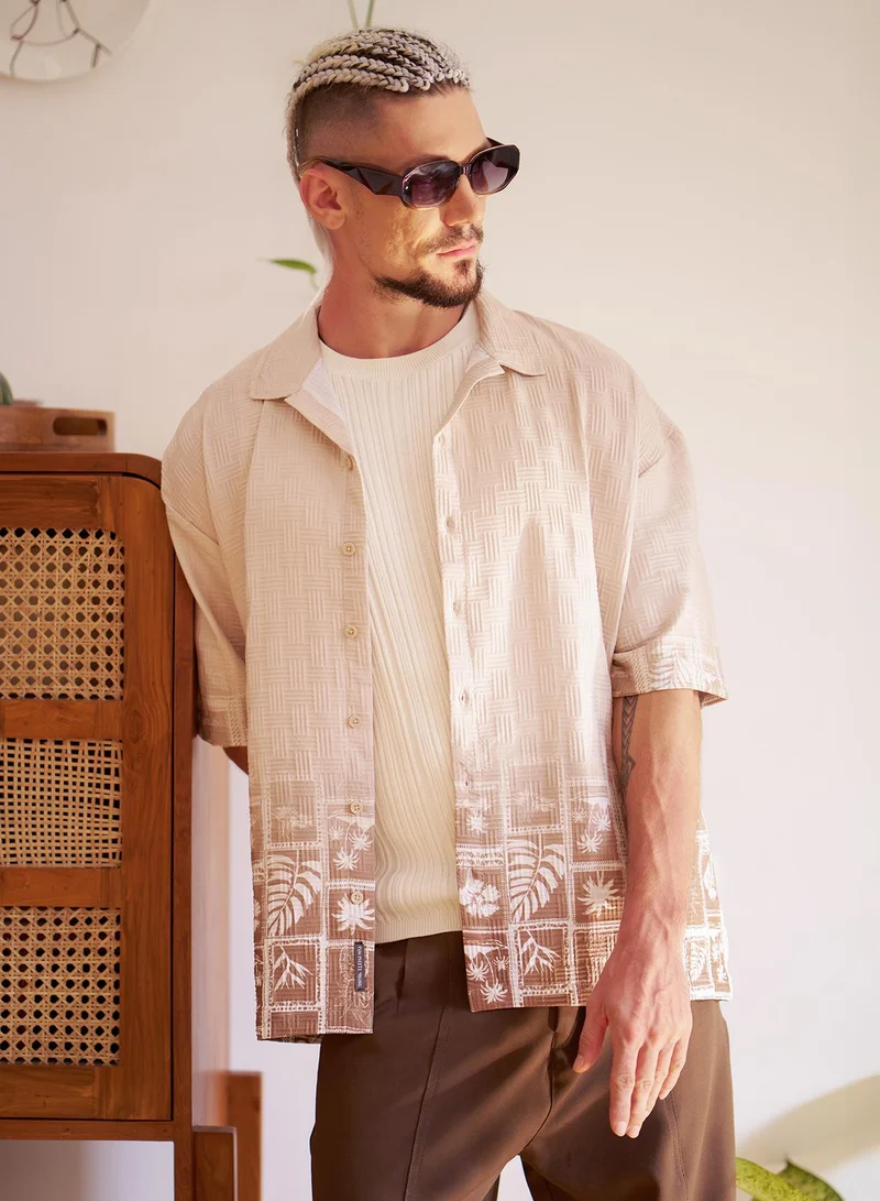 Campus Sutra Campus Sutra Men's Ecru Beige Tropics Ombre-Tactile Shirt For Casual Wear | Cuban Collar | Short Regular Sleeves | Button Closure | Oversized Shirt Crafted With Comfort Fit For Everyday Wear