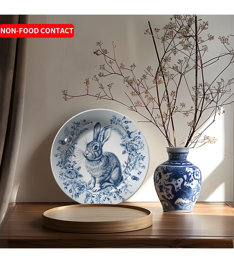 1pc Non Food Contact Elegant Ceramic Rabbit Pattern Wall Hanging Decorative Plate Blue And White Floral Design Round Artistic Home Decor For Living Room Bedroom Study Perfect Gift For Holidays Special Occasions - Image 2