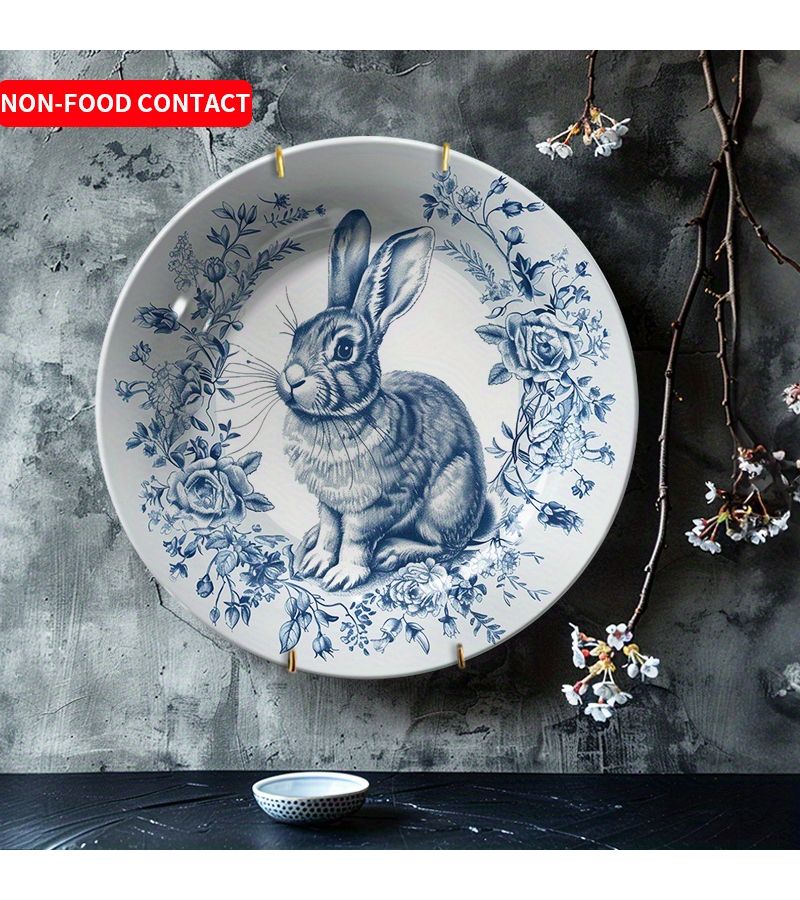 1pc Non Food Contact Elegant Ceramic Rabbit Pattern Wall Hanging Decorative Plate Blue And White Floral Design Round Artistic Home Decor For Living Room Bedroom Study Perfect Gift For Holidays Special Occasions - Image 1