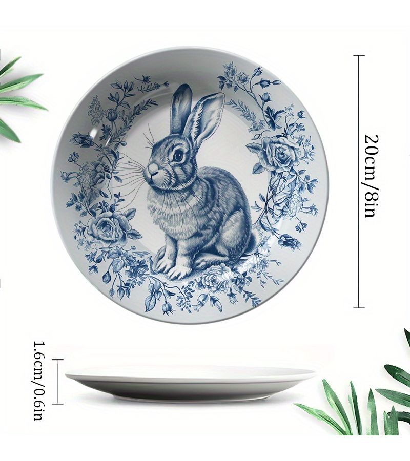 1pc Non Food Contact Elegant Ceramic Rabbit Pattern Wall Hanging Decorative Plate Blue And White Floral Design Round Artistic Home Decor For Living Room Bedroom Study Perfect Gift For Holidays Special Occasions - Image 3