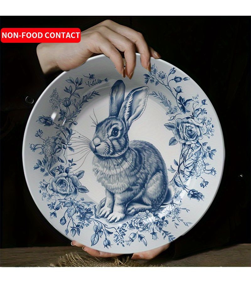1pc Non Food Contact Elegant Ceramic Rabbit Pattern Wall Hanging Decorative Plate Blue And White Floral Design Round Artistic Home Decor For Living Room Bedroom Study Perfect Gift For Holidays Special Occasions - Image 5