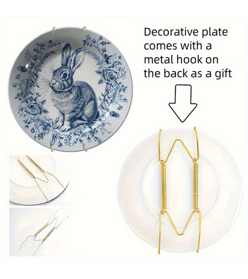 1pc Non Food Contact Elegant Ceramic Rabbit Pattern Wall Hanging Decorative Plate Blue And White Floral Design Round Artistic Home Decor For Living Room Bedroom Study Perfect Gift For Holidays Special Occasions - Image 4