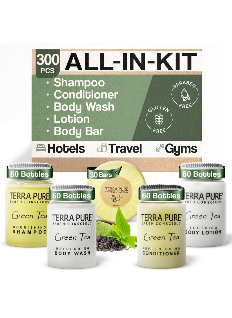 Terra Pure Terra Pure Hotel Soaps & Toiletries Bulk Set | 1-Shoppe Amenities Kit | 1oz Shampoo & Conditioner, Body Wash, Lotion, 1.25oz Bar Soap | Travel Size | 300 Pieces 