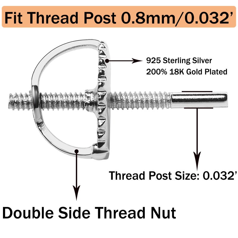 DELECOE 2-Pairs Screw Earring Backs for Threaded Post .032"/0.8mm,18K Gold Plated Sterling Silver Screw on Earring Backs Replacements for Diamond Earring Studs, Hypoallergenic Secure ScrewBacks - Image 2