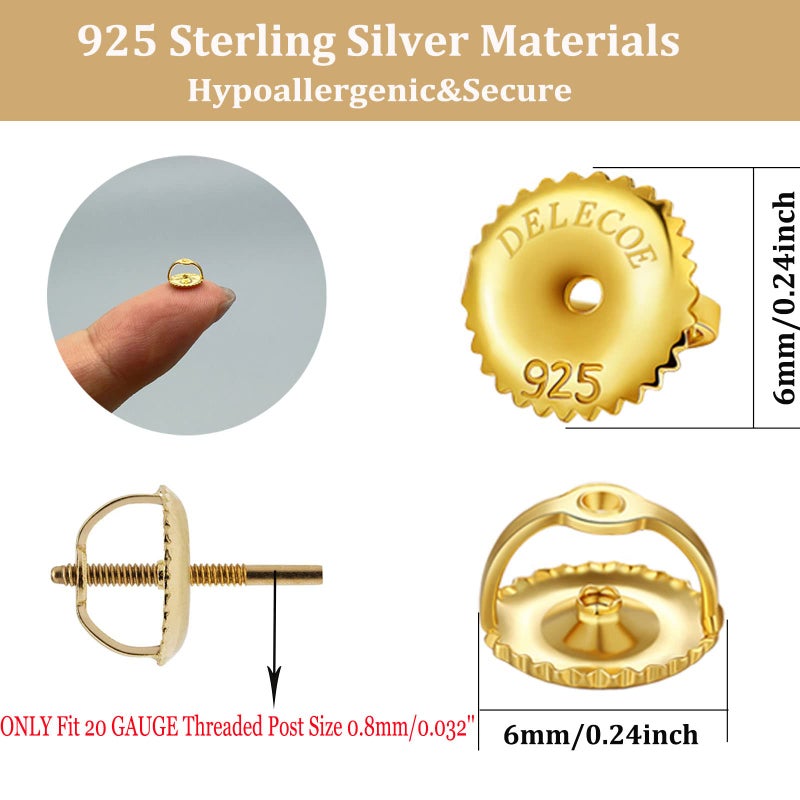 DELECOE 2-Pairs Screw Earring Backs for Threaded Post .032"/0.8mm,18K Gold Plated Sterling Silver Screw on Earring Backs Replacements for Diamond Earring Studs, Hypoallergenic Secure ScrewBacks - Image 3