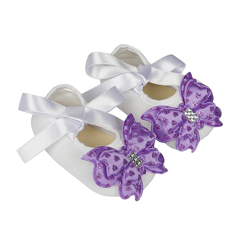 Rsmart Infant New Baby Toddlers Boys and Girls Cotton White Sandal Ribbon Booties With Purple Butterfly Patch [RSM_65] - Image 1