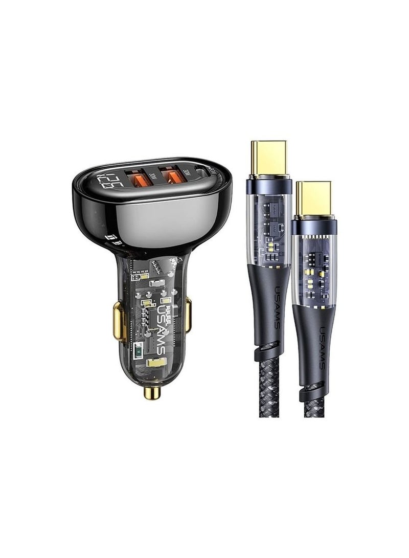 Usams 80W 3-Port Transparent Car Charger with 100W Type-C Cable - Image 1