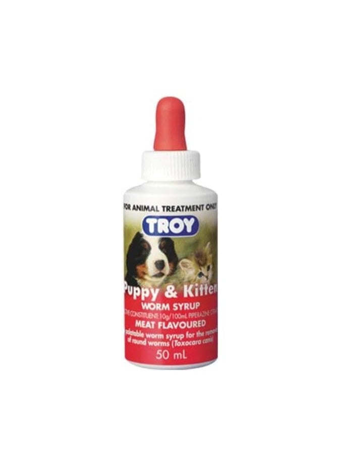 Troy Puppy & Kitten Worm Syrup 50ml – Gentle Deworming Solution for Puppies and Kittens, Effective Against Roundworms
