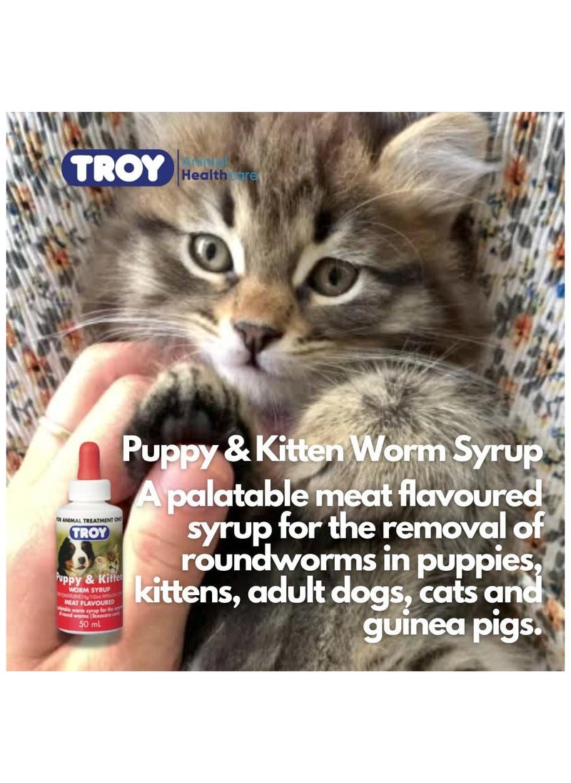 Troy Puppy & Kitten Worm Syrup 50ml – Gentle Deworming Solution for Puppies and Kittens, Effective Against Roundworms