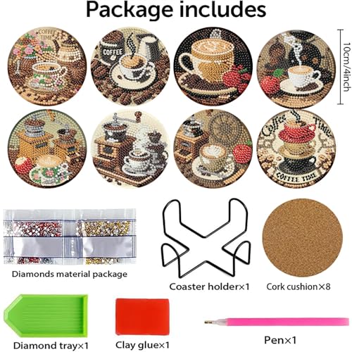 MBNTJHT 8 Pcs Coffee Diamond Art Coasters Kits with Cork Base,Diamond Painting Coasters with Holder for Adult Beginners,DIY Drink Coaster Art Craft Supplies for Home Decor 4x4 Inch. - Image 2
