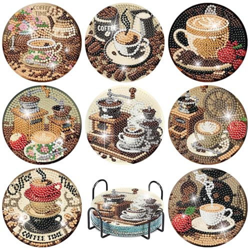 MBNTJHT 8 Pcs Coffee Diamond Art Coasters Kits with Cork Base,Diamond Painting Coasters with Holder for Adult Beginners,DIY Drink Coaster Art Craft Supplies for Home Decor 4x4 Inch. - Image 1