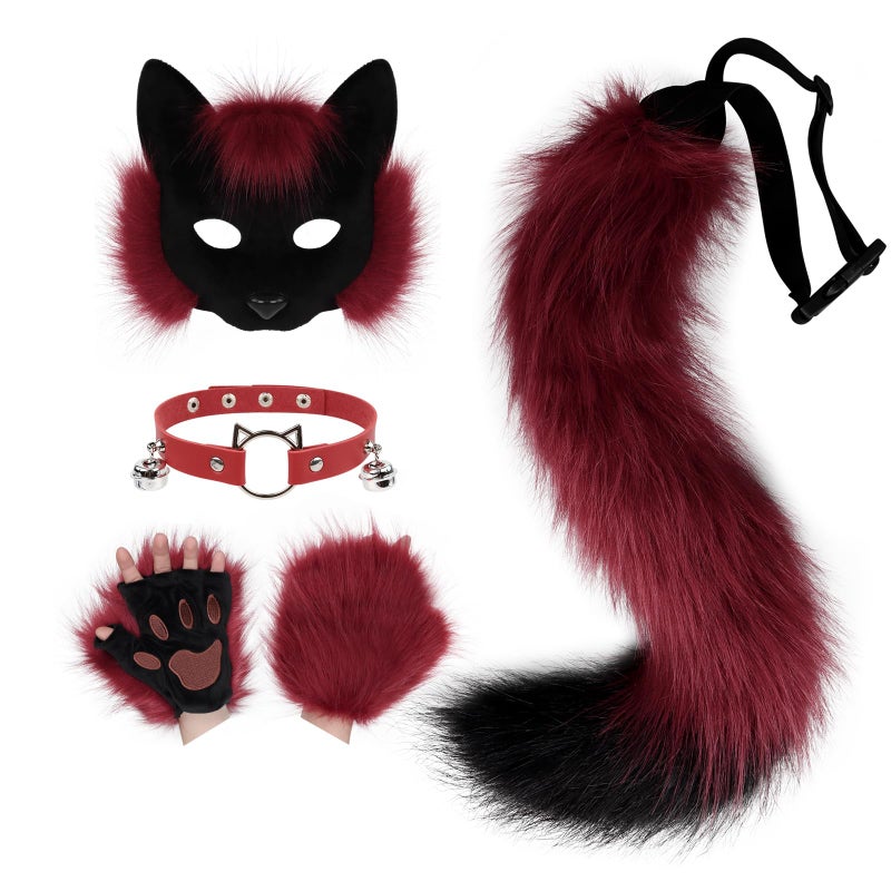 HAOAN Faux Fur Half Face Mask Paw Gloves Wolf Fox Tail and Leather Necklace Set Costume for Halloween Party - Image 1