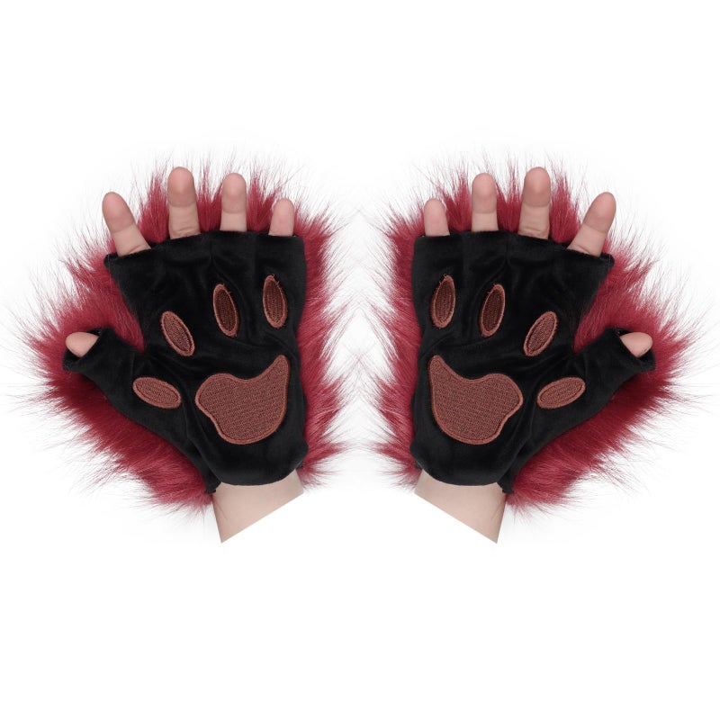 HAOAN Faux Fur Half Face Mask Paw Gloves Wolf Fox Tail and Leather Necklace Set Costume for Halloween Party - Image 2