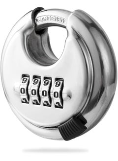 LASALE LASALE Stainless Steel Disc Padlock with 4 Digit Combination Keyless Heavy Duty Combination Lock for Outdoor Sheds Fence Gate Hasps Storage Unit School Gym Locker Silver  - Image 1