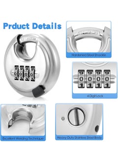 LASALE LASALE Stainless Steel Disc Padlock with 4 Digit Combination Keyless Heavy Duty Combination Lock for Outdoor Sheds Fence Gate Hasps Storage Unit School Gym Locker Silver  - Image 5