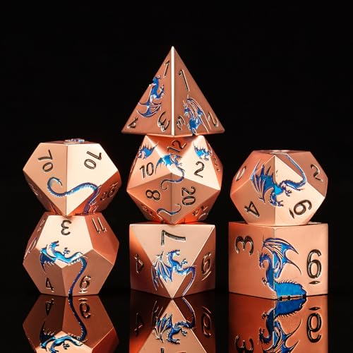 HNCCESG Blue Dragon Theme Metal Dice SetHNCCESG 7PCS Solid Zinc Alloy Polyhedral Dice with Magnetic Gift Box for RPG Tabletop Game Lovers Ancient Gold with Blue Dragon - Image 1