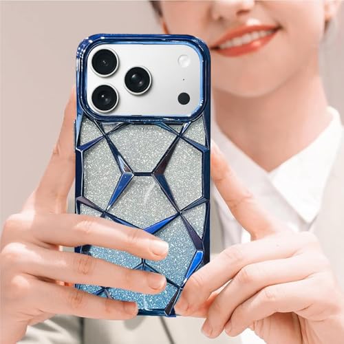 VONZEE Gradient Glitter Back Cover Case Compatible with iPhone 17 Pro, Luxury Electroplated 3D Cube, Diamond Bling Shiny Soft TPU Clear Shockproof Women Girls Protective Phone Cover (Sierra Blue) - Image 5