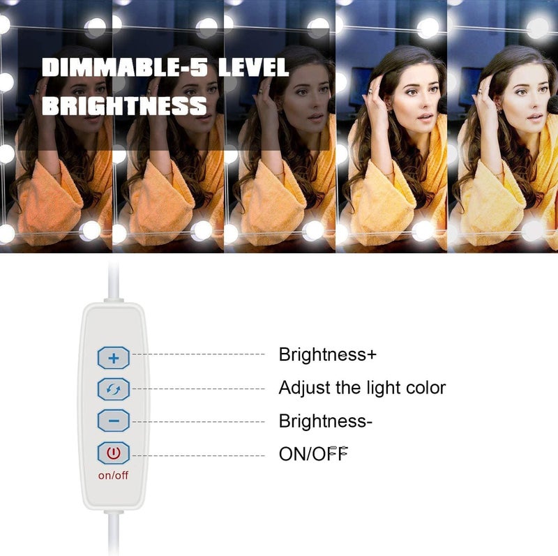Pretmess Vanity Lights for Mirror, Hollywood Style Vanity Lights with 10 dimmable Bulbs,Adjustable Color & Brightness,USB Cable(No Mirror Include) - Image 3