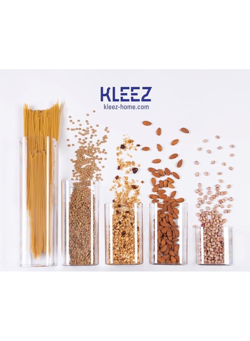 kleez Airtight Food Storage Container Set of 5 with Wooden Lids & Stand – Tall & Stackable Jars for Pasta, Cereal, Beans, and Pantry Organization – 1900cc, 1300cc (x2), 900cc, 500cc – BPA-Free Kitchen - Image 2