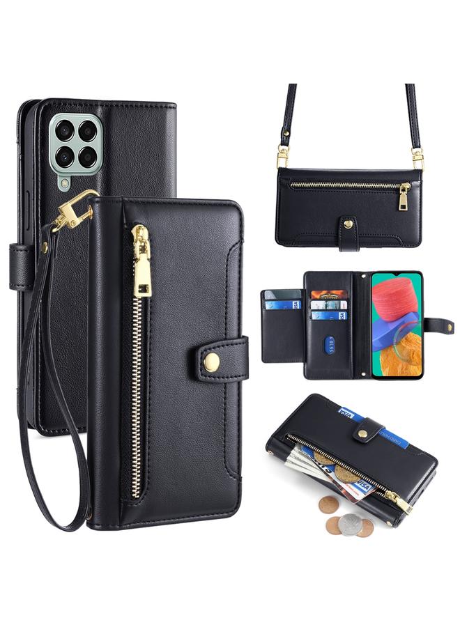 إيروريكس جراب هاتف Samsung Galaxy M33 5G من جلد الأغنام المزخرف بسحاب متقاطع مع محفظة جلدية - Image 1