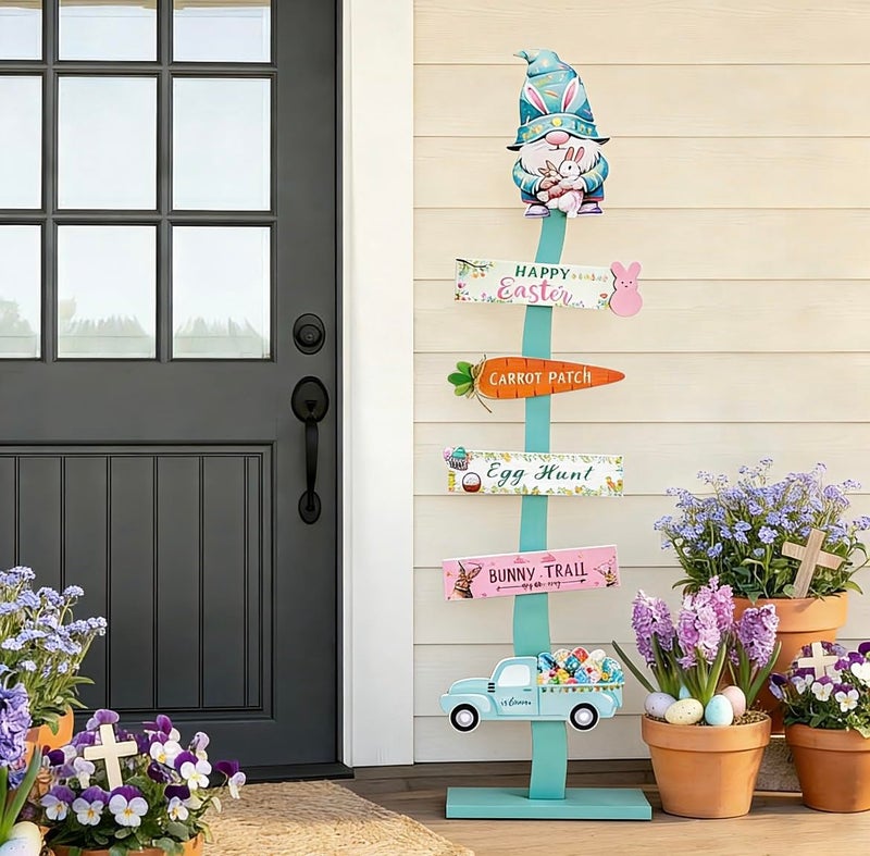 LETUBUYU 45.6" Happy Easter Welcome Porch Sign| Spring Easter Bunny Rabbit Carrot Standing Wood Signs For Front Door Outdoor Indoor Yard Decor - Image 1