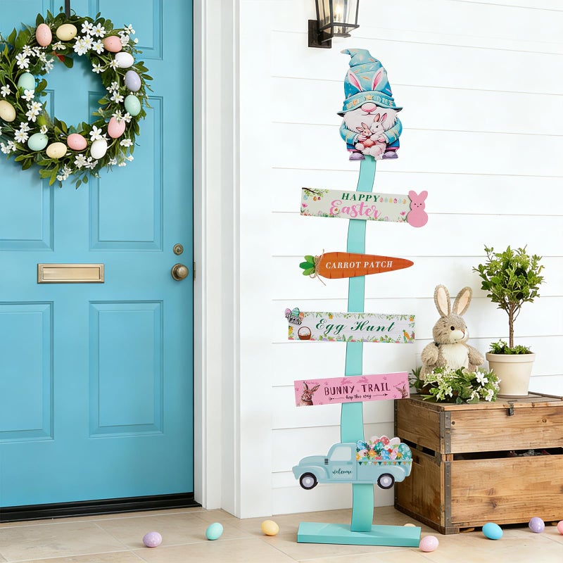 LETUBUYU 45.6" Happy Easter Welcome Porch Sign| Spring Easter Bunny Rabbit Carrot Standing Wood Signs For Front Door Outdoor Indoor Yard Decor - Image 4