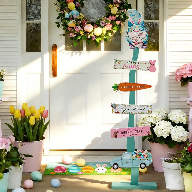 LETUBUYU 45.6" Happy Easter Welcome Porch Sign| Spring Easter Bunny Rabbit Carrot Standing Wood Signs For Front Door Outdoor Indoor Yard Decor - Image 3