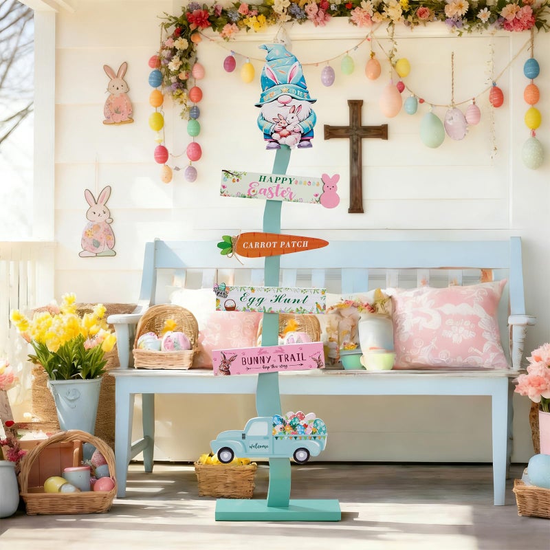 LETUBUYU 45.6" Happy Easter Welcome Porch Sign| Spring Easter Bunny Rabbit Carrot Standing Wood Signs For Front Door Outdoor Indoor Yard Decor - Image 5