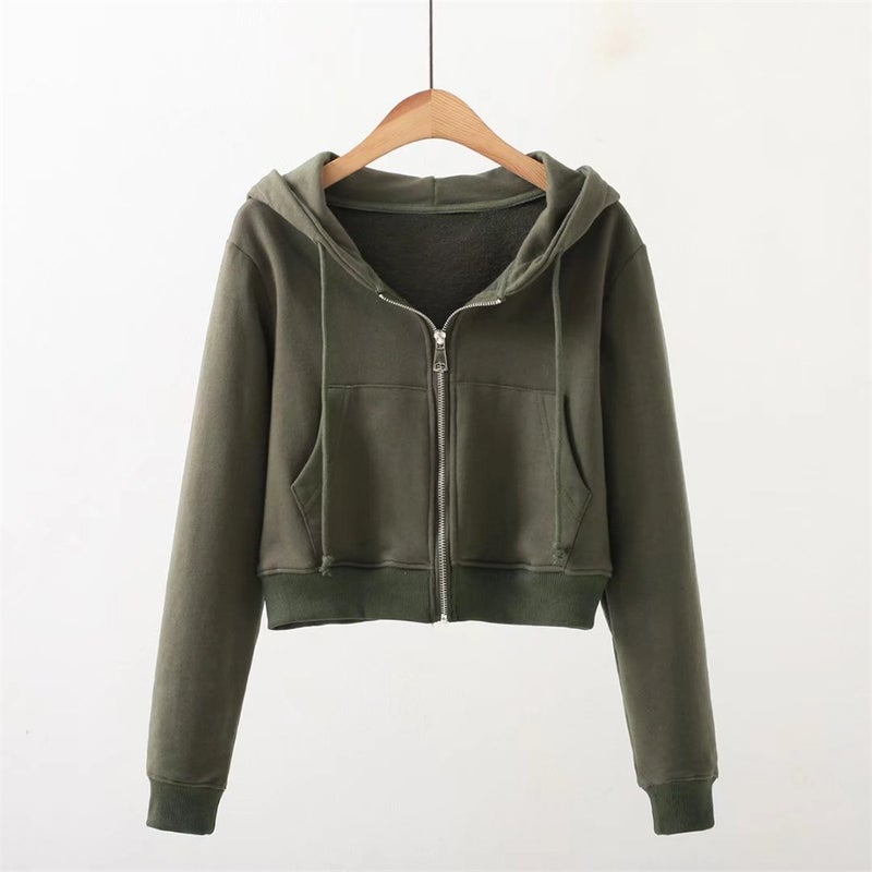 YPFF Fashion Womens Sweatshirt Autumn New European and American Fashion Solid Color Hooded Zipper Short High Waist Navel Top 2055/Army Green - Image 1