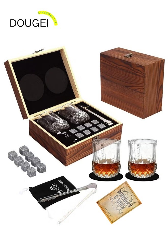 DOUGEI Whiskey Stones and Whiskey Glass Gift Box Set, Idea for Men Dad, 8 Granite Chilling Whisky Rocks + 2 Glasses in Wooden Box - Best Gift for Men Father's Day Dad's Birthday - Image 1