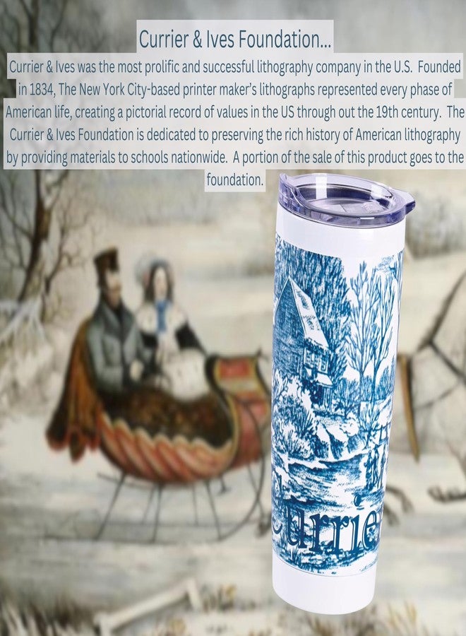 إيلانز ديزاينز كوب سفر معزول من الفولاذ المقاوم للصدأ سعة 20 أونصة من تصميمات إيلانز، كوريير وإيفز، بتصميم متزلجين على الجليد في أرض العجائب الساحرة، باللونين الأزرق والأبيض، مع غطاء، مناسب للماء والقهوة - مشهد شتوي عتيق لعيد الميلاد - Image 4