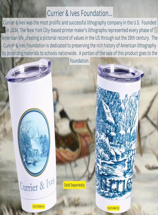 إيلانز ديزاينز كوب سفر معزول من الفولاذ المقاوم للصدأ سعة 20 أونصة من تصميمات إيلانز، كوريير وإيفز، بتصميم متزلجين على الجليد في أرض العجائب الساحرة، باللونين الأزرق والأبيض، مع غطاء، مناسب للماء والقهوة - مشهد شتوي عتيق لعيد الميلاد - Image 5