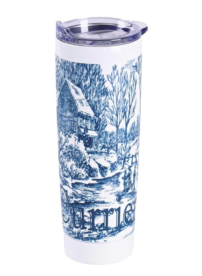 إيلانز ديزاينز كوب سفر معزول من الفولاذ المقاوم للصدأ سعة 20 أونصة من تصميمات إيلانز، كوريير وإيفز، بتصميم متزلجين على الجليد في أرض العجائب الساحرة، باللونين الأزرق والأبيض، مع غطاء، مناسب للماء والقهوة - مشهد شتوي عتيق لعيد الميلاد - Image 1