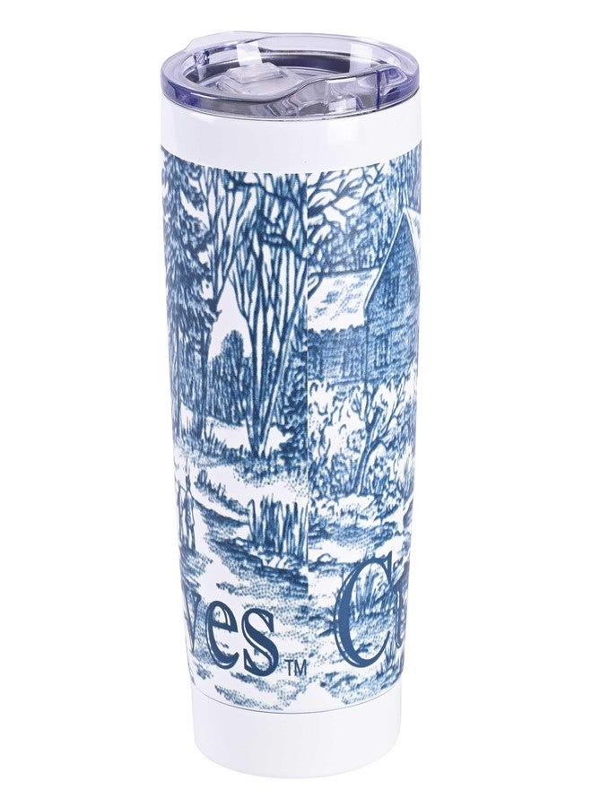 إيلانز ديزاينز كوب سفر معزول من الفولاذ المقاوم للصدأ سعة 20 أونصة من تصميمات إيلانز، كوريير وإيفز، بتصميم متزلجين على الجليد في أرض العجائب الساحرة، باللونين الأزرق والأبيض، مع غطاء، مناسب للماء والقهوة - مشهد شتوي عتيق لعيد الميلاد - Image 3