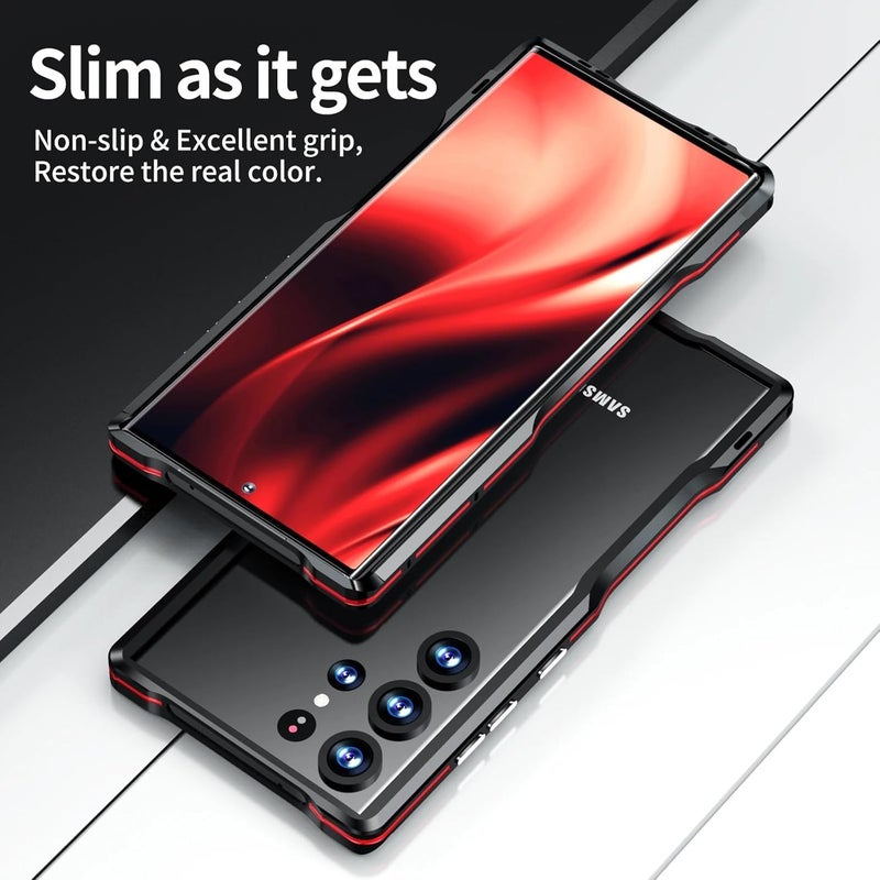 Excefore Metal Bumper Case For Samsung Galaxy S24 Ultra, Mecha Style 360 Full Body Drop Shockproof Protection Case, Super Tough Lightweight Military Grade Aluminum Alloy Frame Metal Button, Red - Image 5