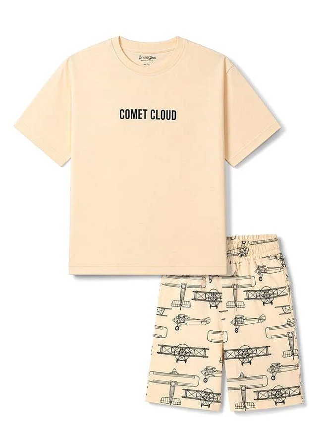 Primo Gino Primo Gino 100% Cotton Knit Oversized Half Sleeves Short Pajama Set with Text and Helicopter Print  (Pack of 2) - Olive/Peach