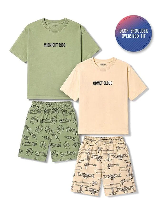 Primo Gino Primo Gino 100% Cotton Knit Oversized Half Sleeves Short Pajama Set with Text and Helicopter Print  (Pack of 2) - Olive/Peach