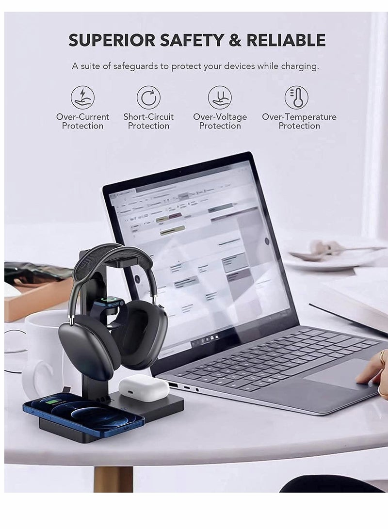 Zikra Headphone Stand with 4 in 1 Wireless Charger with USB C Ports, Wireless Charging Station Dock for Apple Watch, Compatible iPhone 13/12/11 Series and All Headphone Sizes (Black) - Image 2