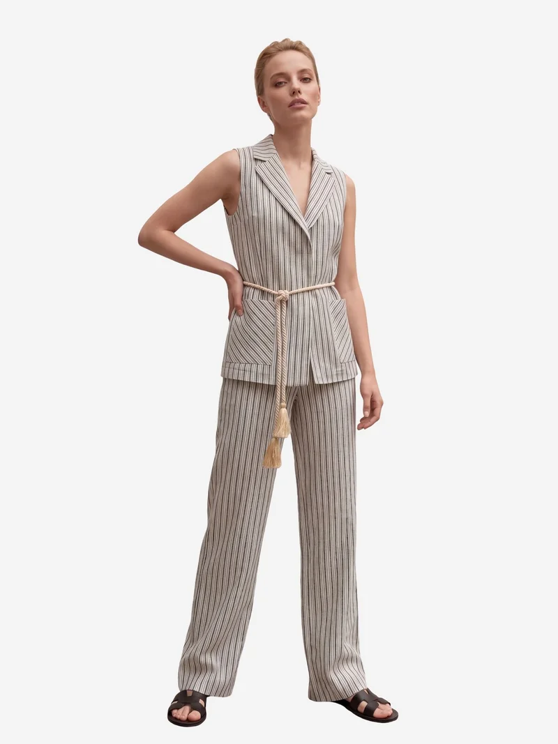 My Fashion Stone Natural MY FASHION Striped Shawl-Collar Vest and Wide-Leg Trousers Set for Women | Best Price UAE