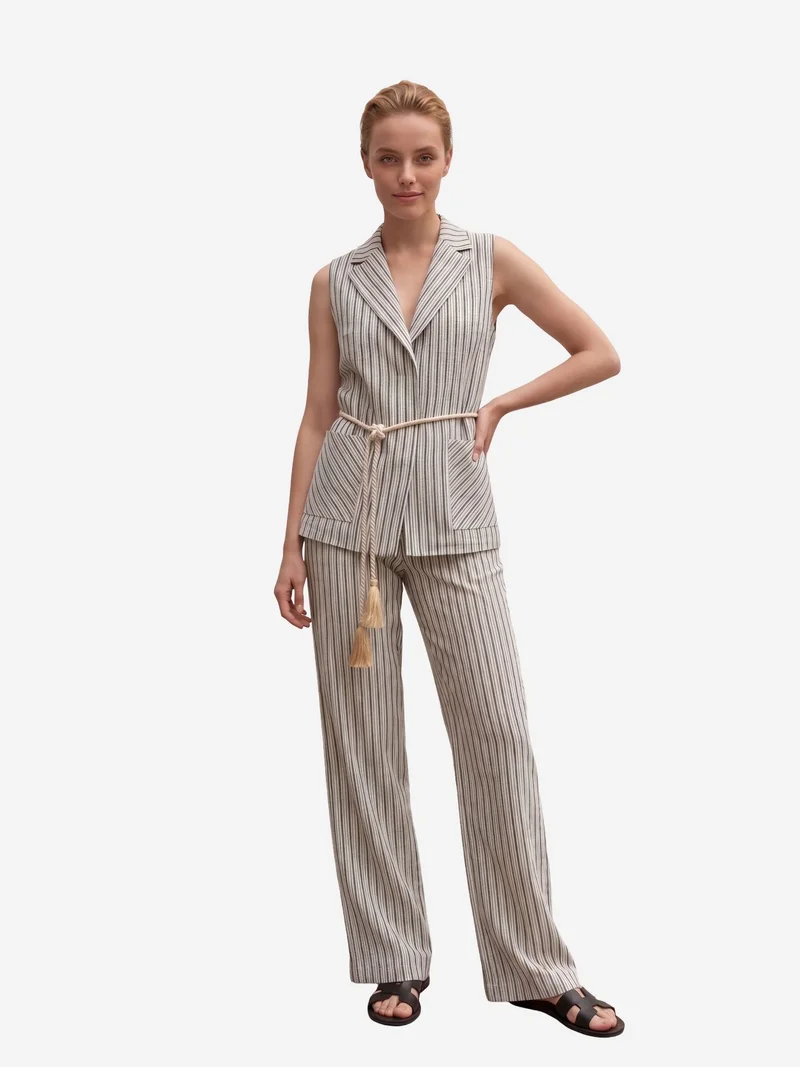 MY FASHION MY FASHION Striped Shawl-Collar Vest and Wide-Leg Trousers Set