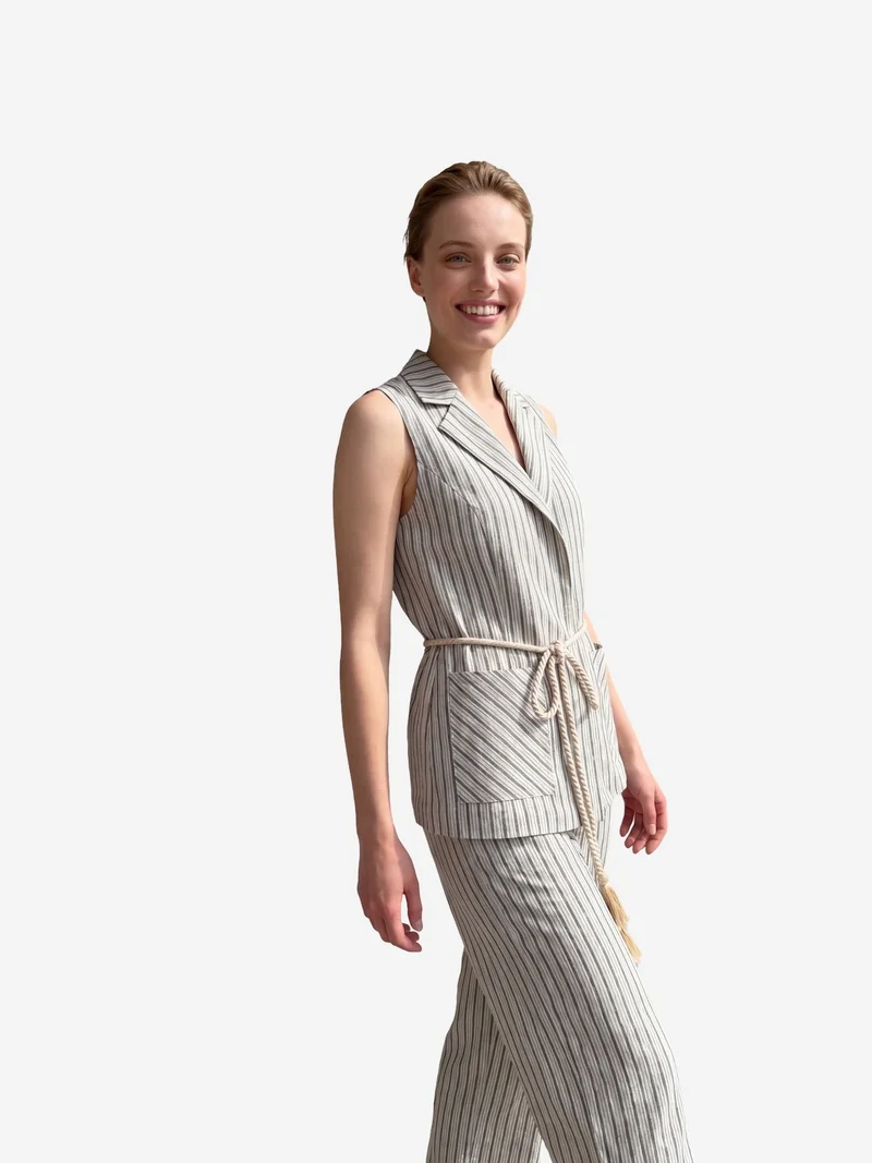 My Fashion Stone Natural MY FASHION Striped Shawl-Collar Vest and Wide-Leg Trousers Set for Women | Best Price UAE