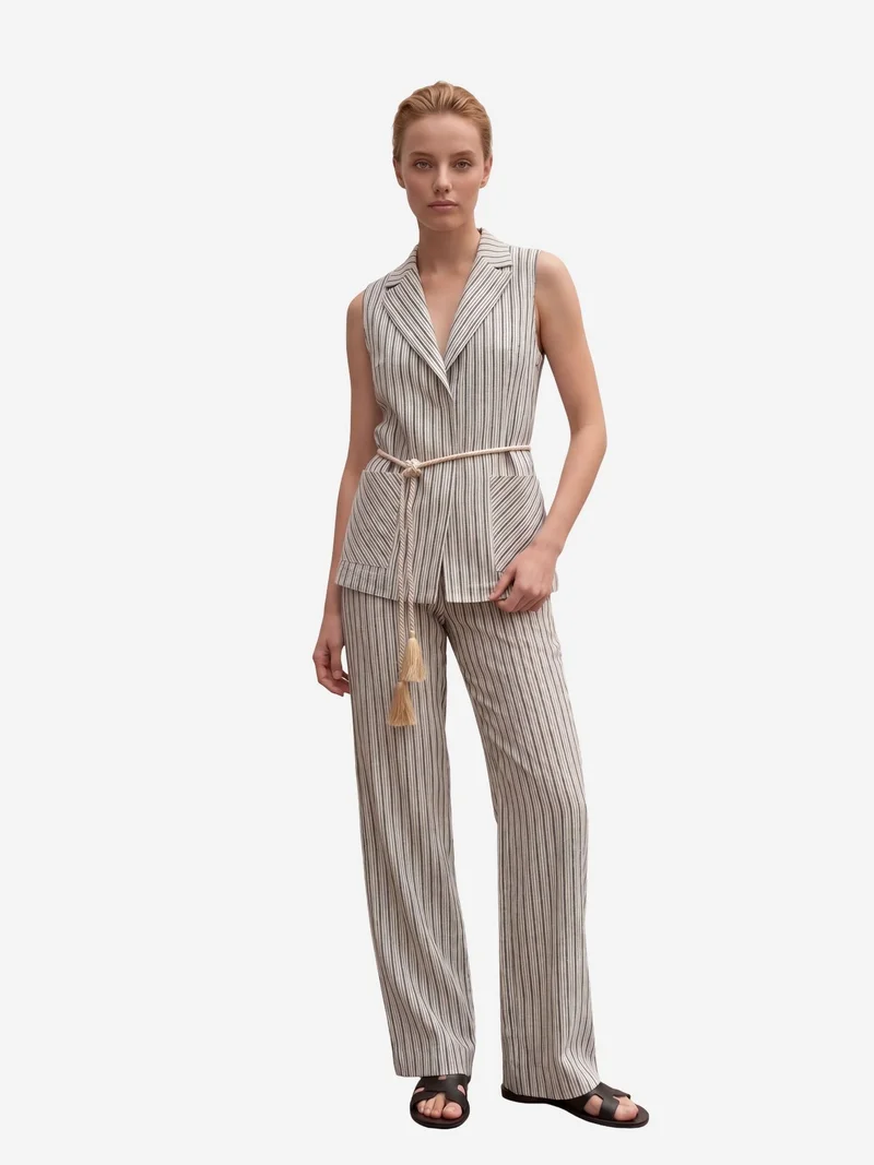 My Fashion Stone Natural MY FASHION Striped Shawl-Collar Vest and Wide-Leg Trousers Set for Women | Best Price UAE
