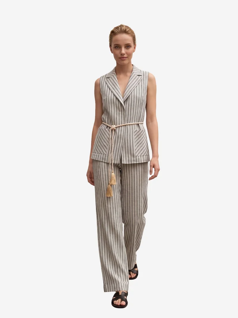 MY FASHION MY FASHION Striped Shawl-Collar Vest and Wide-Leg Trousers Set