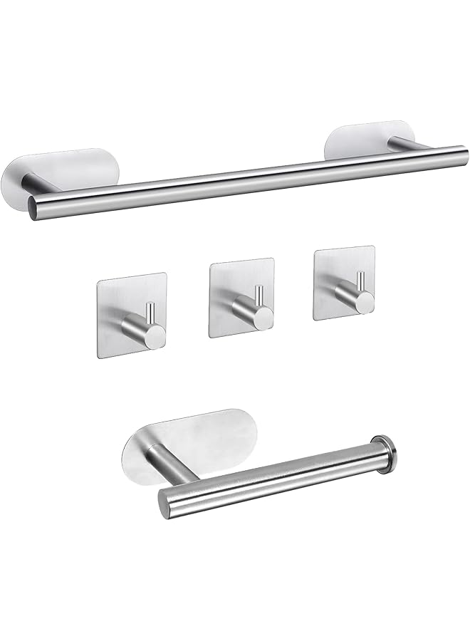 S-TOP Adhesive Towel Bar 5 Pcs Self Adhesive Bathroom Hardware Accessory Kit ， Towel Hook Stainless Steel Wall Mount Towel Holder(NO Drilling) (Sliver) - Image 1