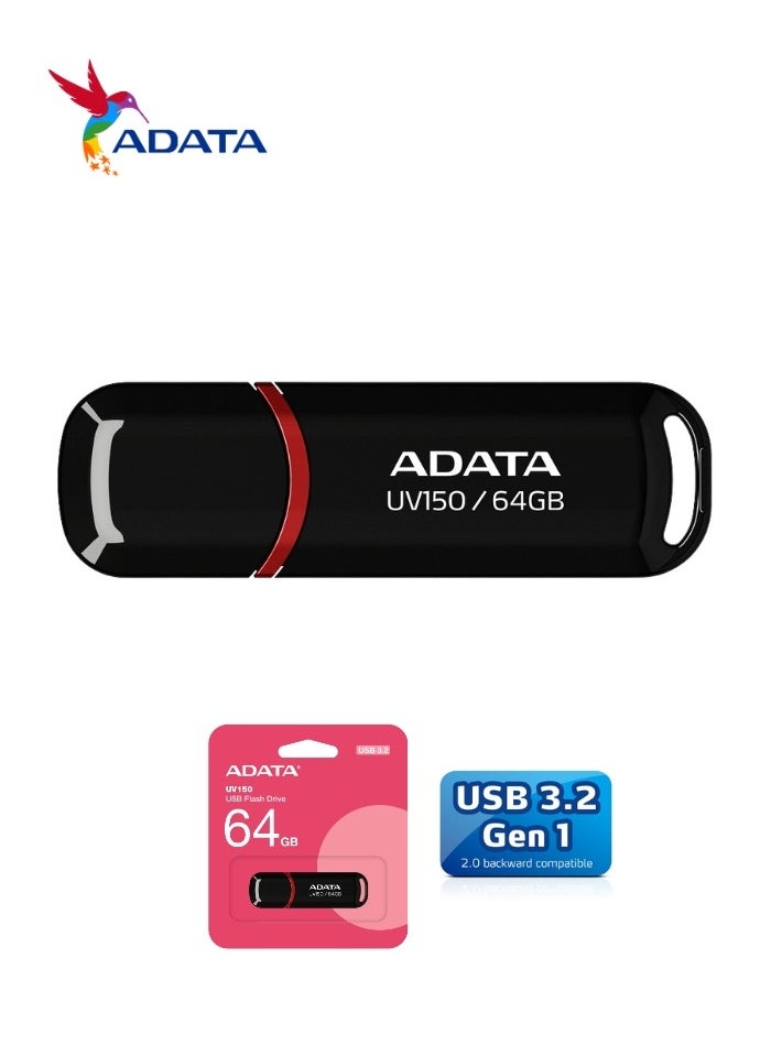 ADATA UV150 Classic 64GB USB 3.2 Flash Drive | Lightweight and Fast Data Transfer | Black  - Image 1