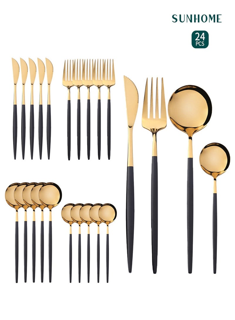 Sunhome 24-Piece Stainless Steel Cutlery Set Spoon Set Spoon Fork Set Gold - Image 1