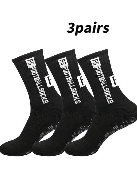 3 pairs of football socks, sports running socks, bottom anti slip silicone dots, professional training mid length socks black