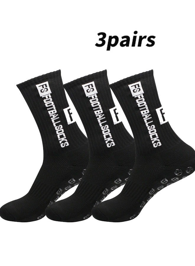 3 pairs of football socks, sports running socks, bottom anti slip silicone dots, professional training mid length socks black