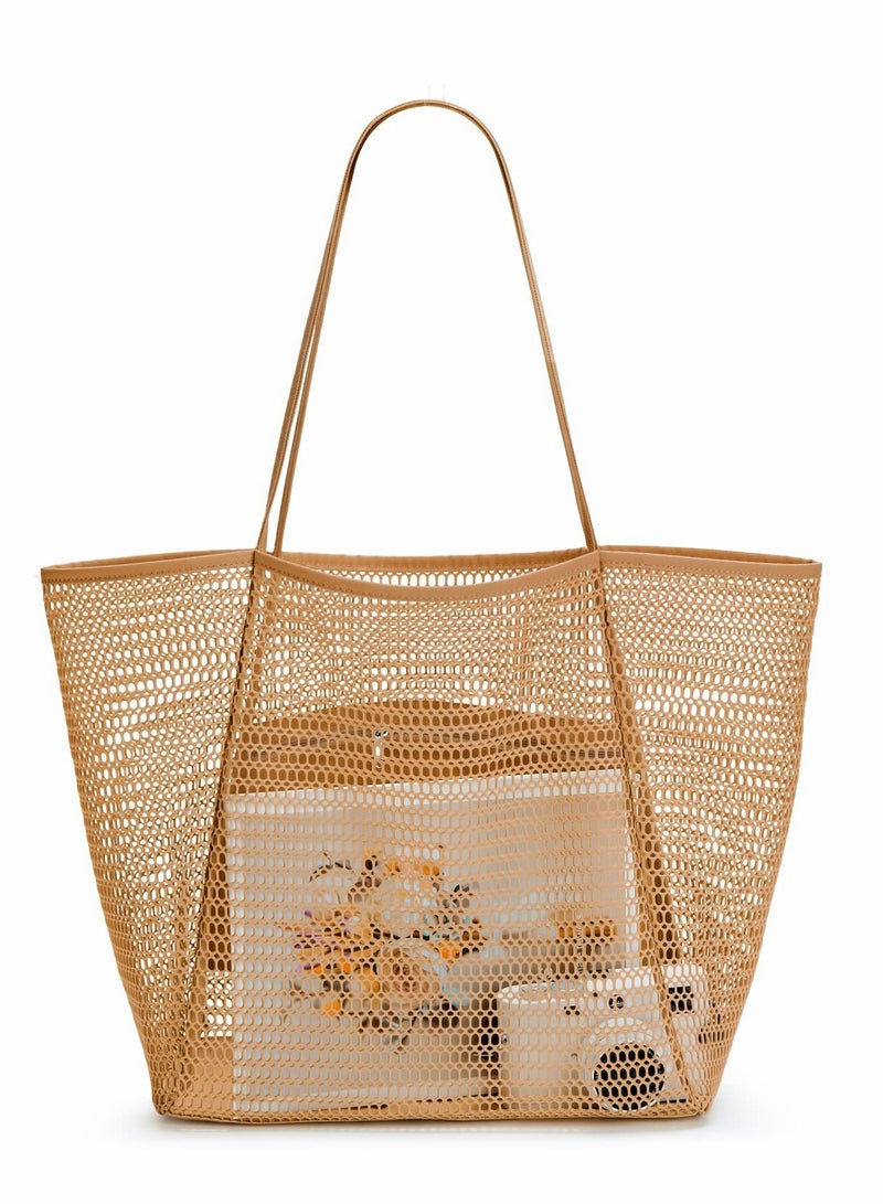 KASTWAVE Mesh Beach Bag for Women, Large Tote Bag Lightweight Foldable Beach Tote with Zipper Pocket for Women Vacation Beach Pool Trip - Image 1