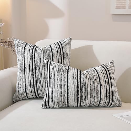 QDTTSRY Chenille Throw Decorative Pillow Covers 18x18 Set of 2, Textured Striped Boho Couch Pillow Covers, Cozy Neutral Farmhouse Cushion Cover for Couch Sofa Bedroom Living Room, Black - Image 2